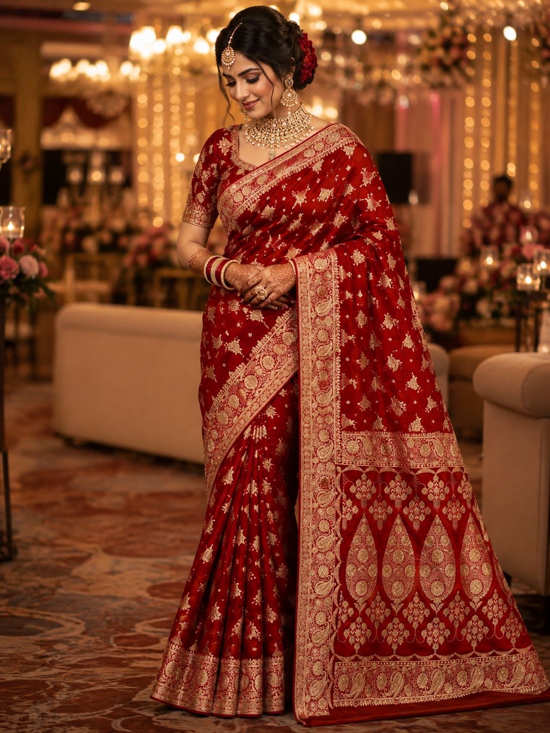 Ruby red wedding saree with ornate gold paisley motifs