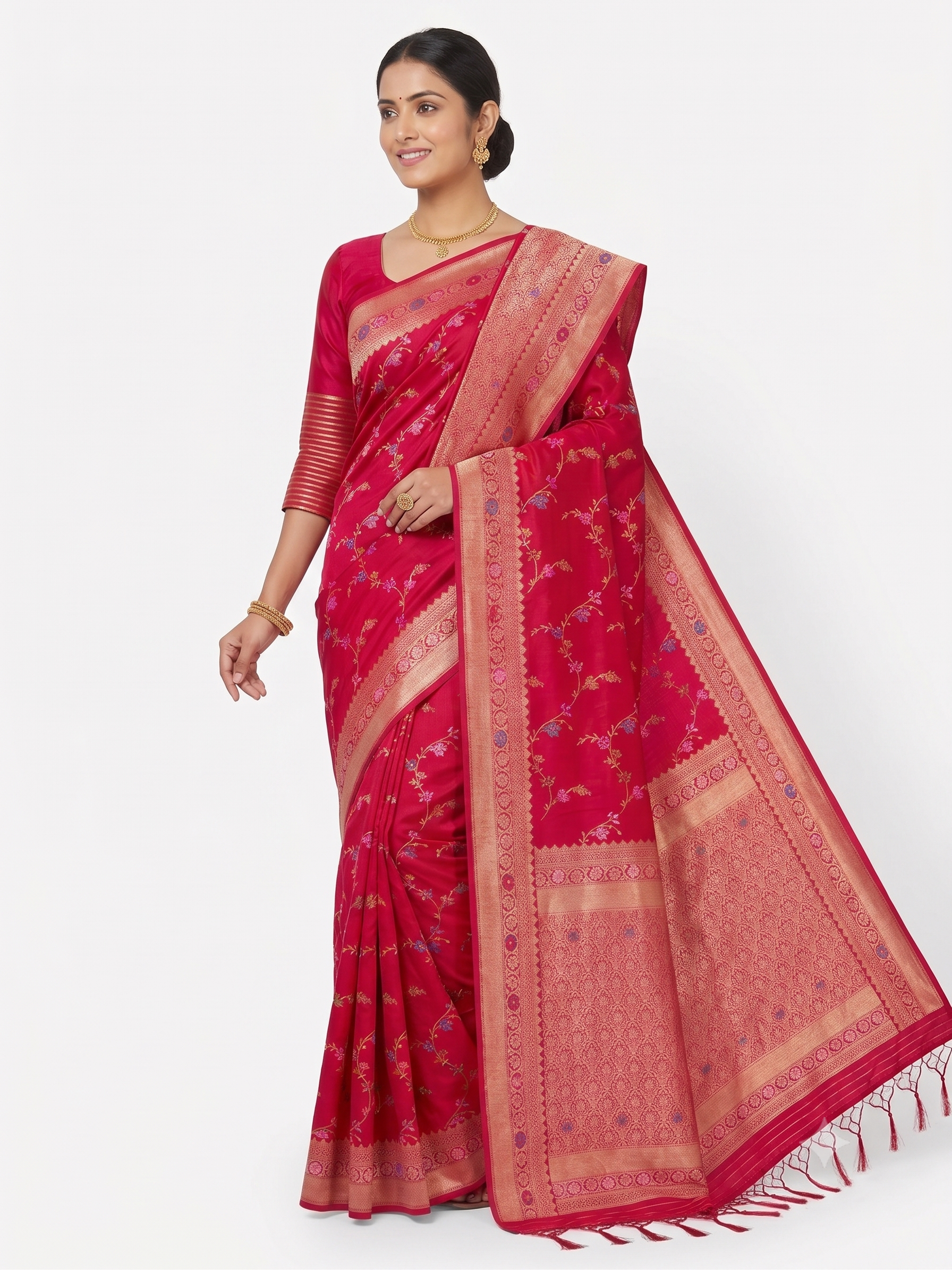 Rani pink floral georgette party wear saree with coordinated woven border and pallu