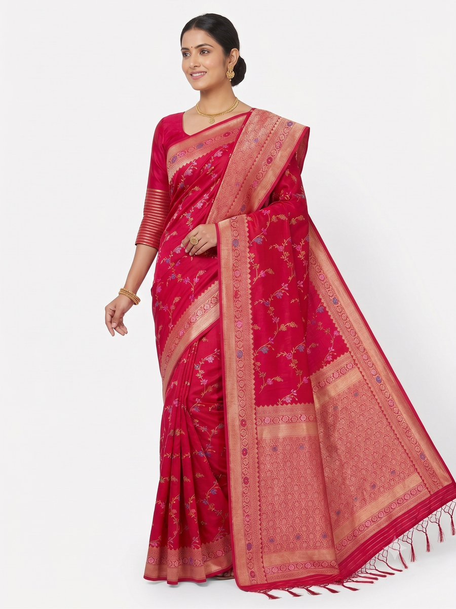 Rani pink floral georgette party wear saree with coordinated woven border and pallu