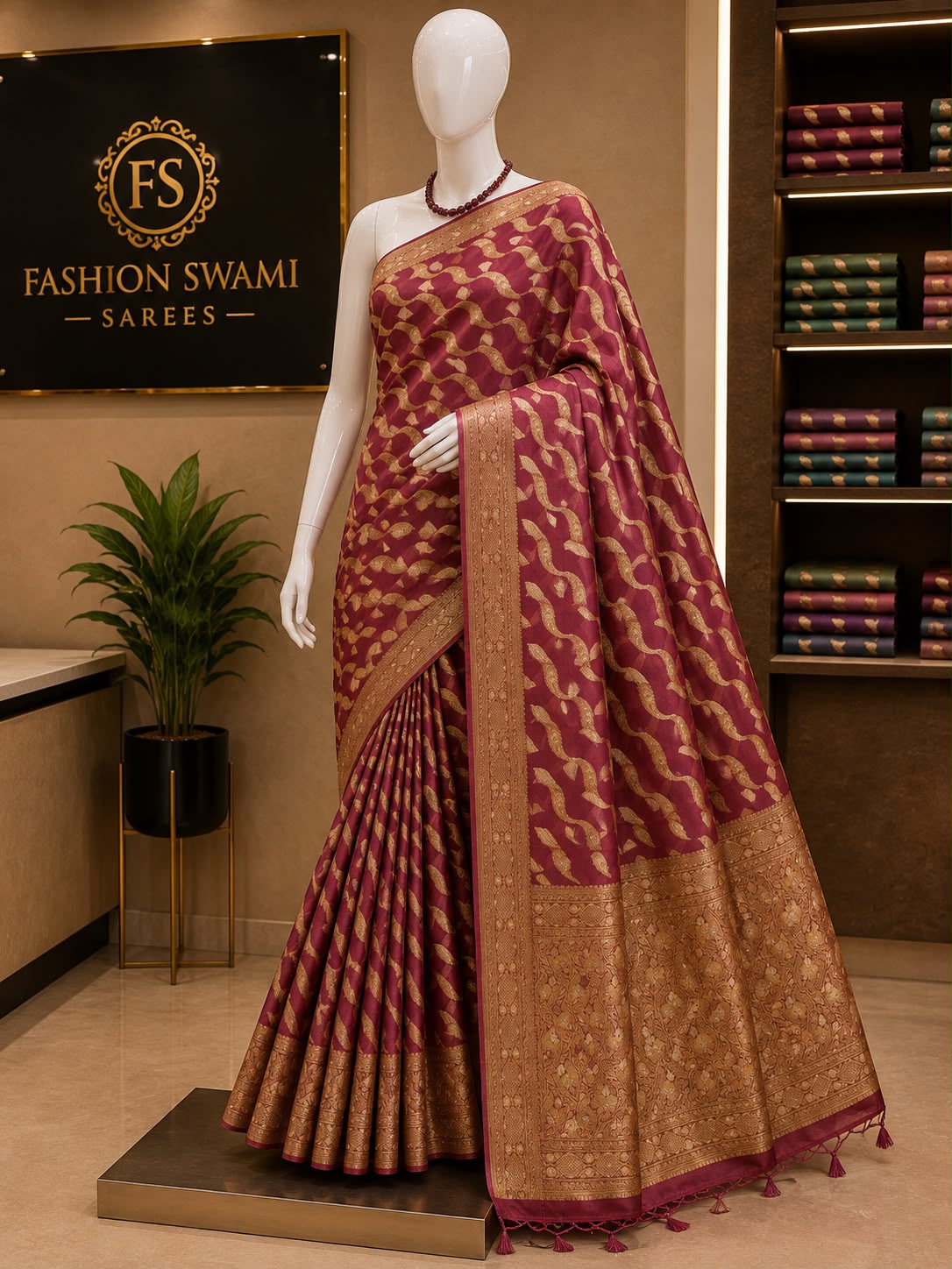 Maroon boutique saree with gold leaf motifs, broad woven border and tasselled pallu