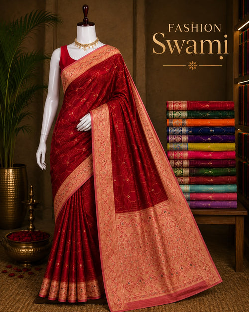 Crimson red boutique saree with gold-tone floral border and richly woven pallu