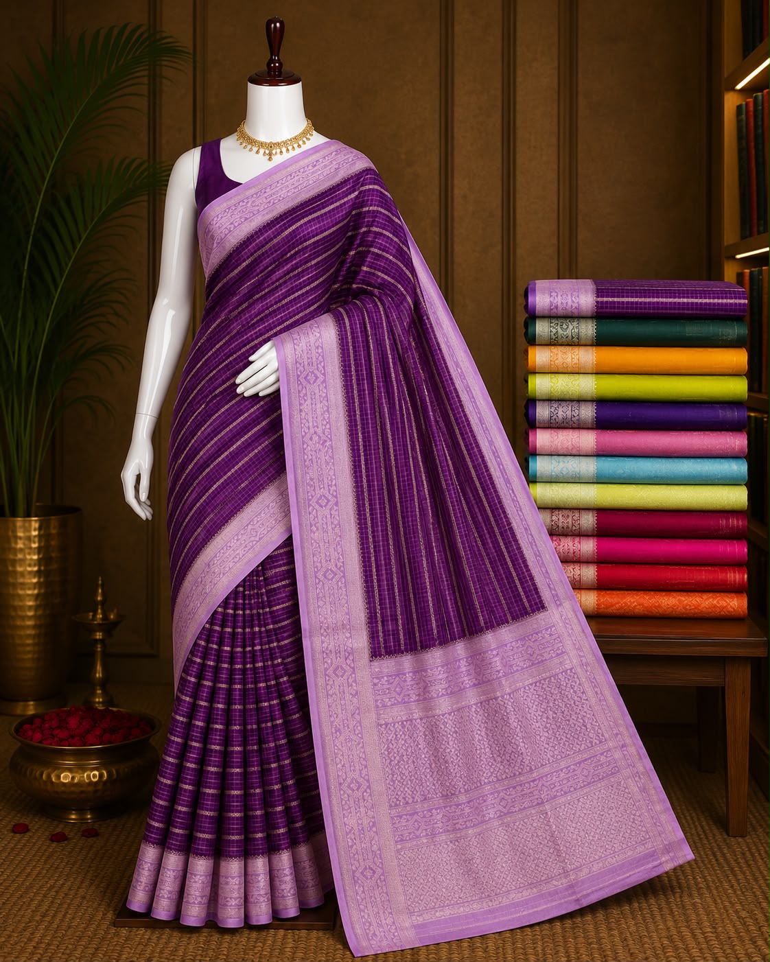 Royal purple striped boutique saree with lavender woven border and pallu