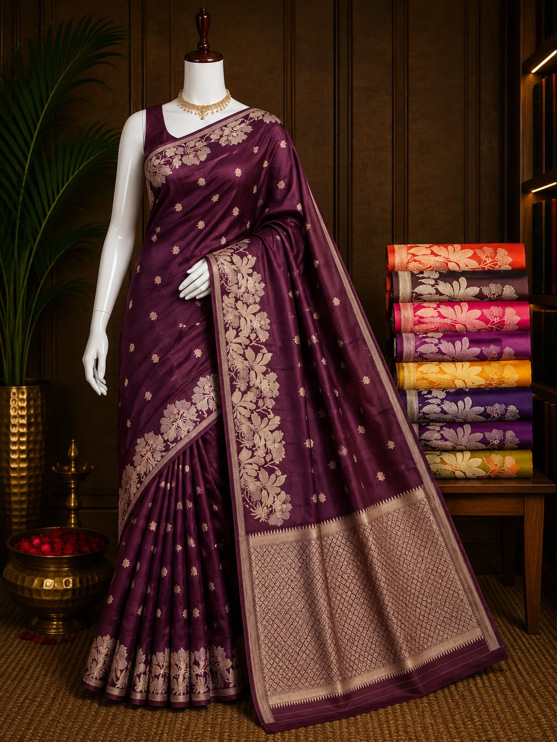 Deep plum boutique saree with gold-tone motifs and broad floral woven border