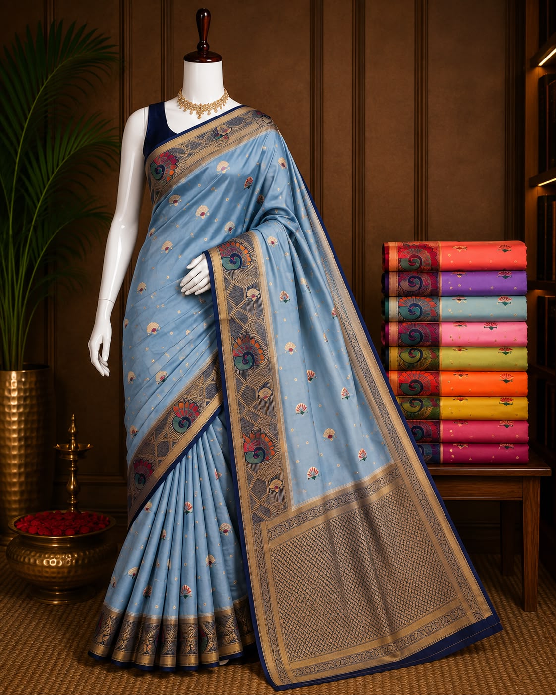 Powder blue boutique saree with peacock motifs and navy gold-tone woven border