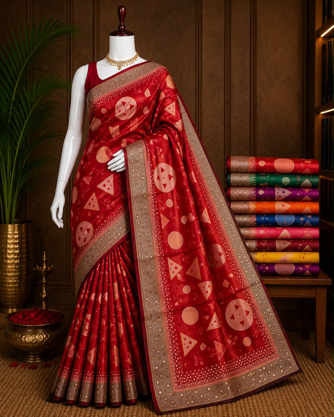 Ruby red boutique saree with geometric motifs and antique gold-tone border
