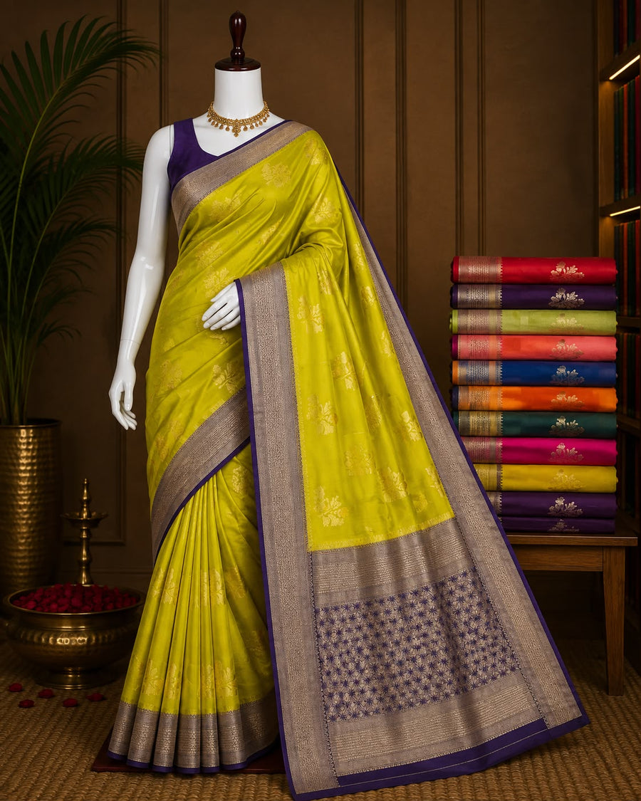 Lime yellow Banarasi boutique saree with purple and gold-tone woven border