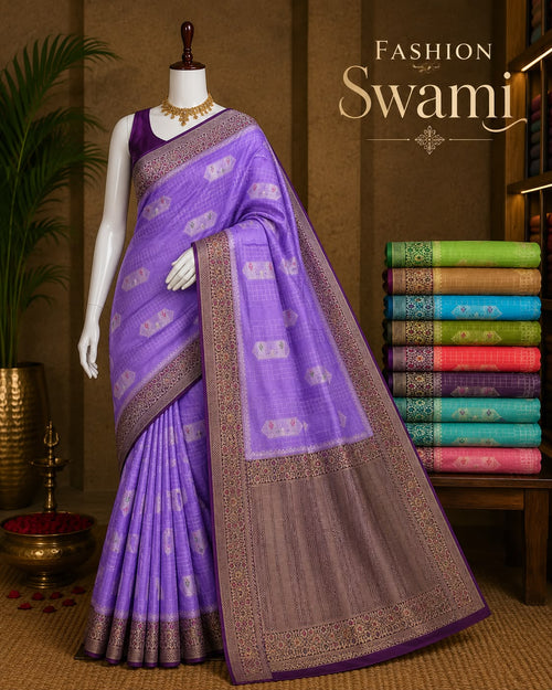 Lavender purple Banarasi boutique saree with woven gold-tone border and pallu