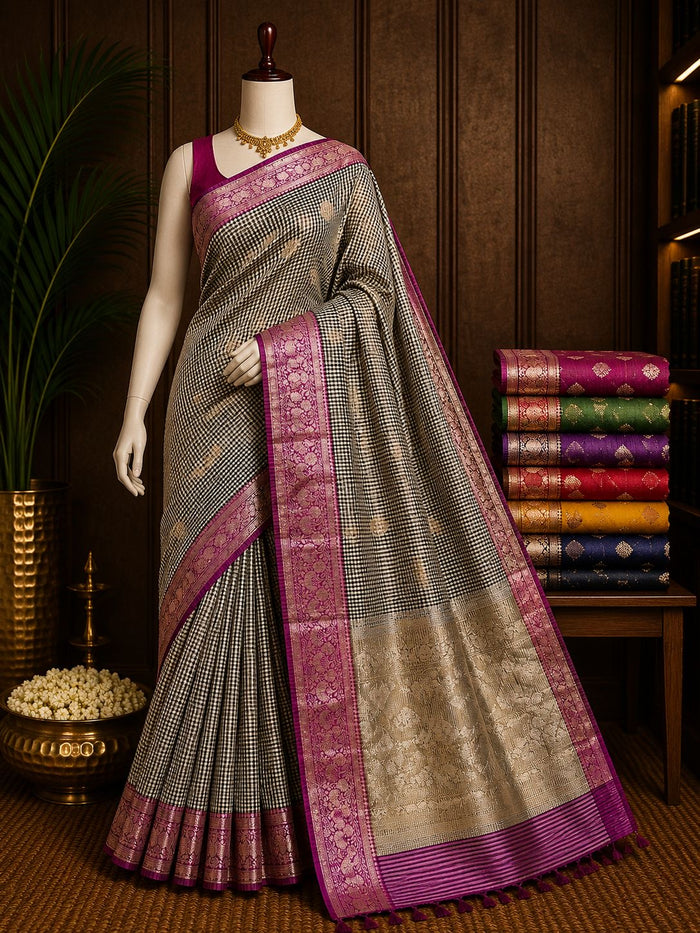 Party Wear Saree Set – Black Ivory Check Magenta
