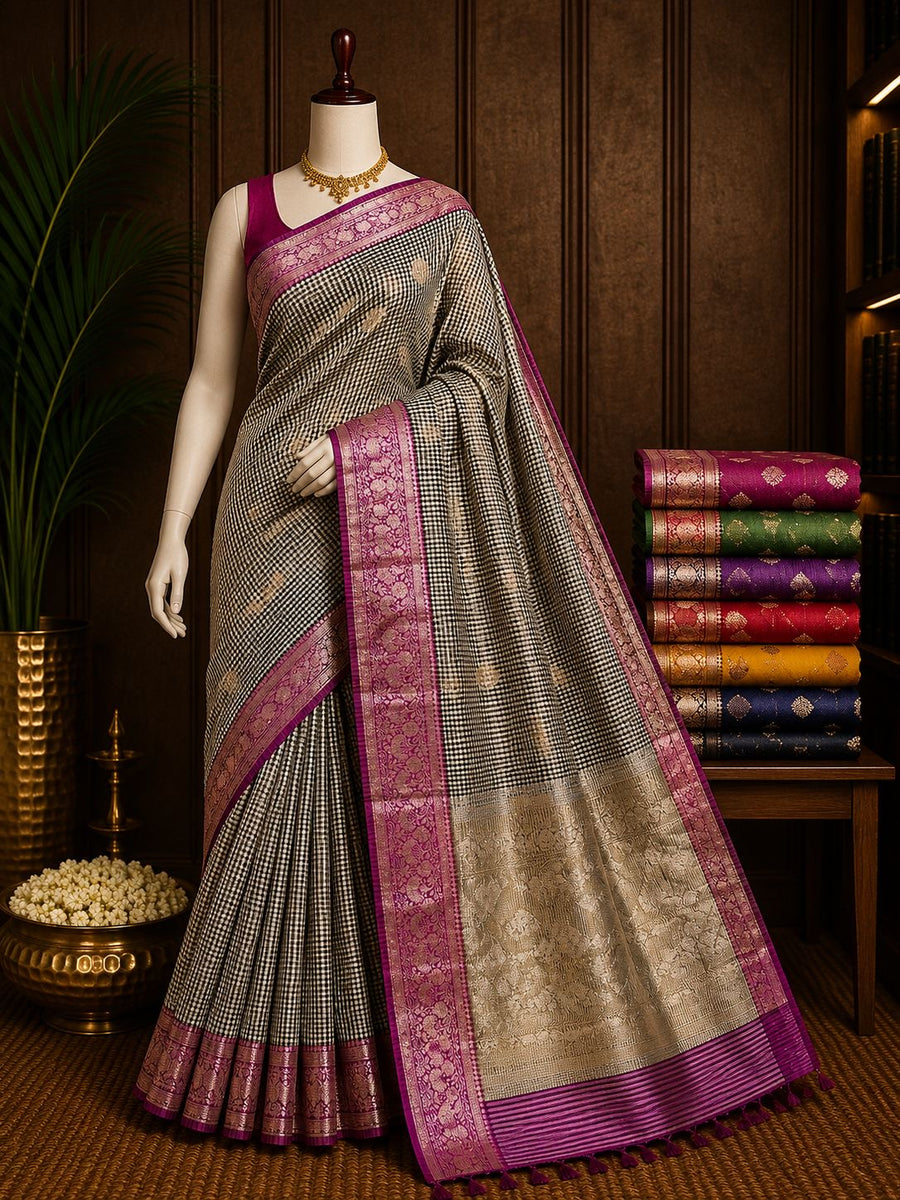 Black and ivory checked party wear saree with magenta woven border