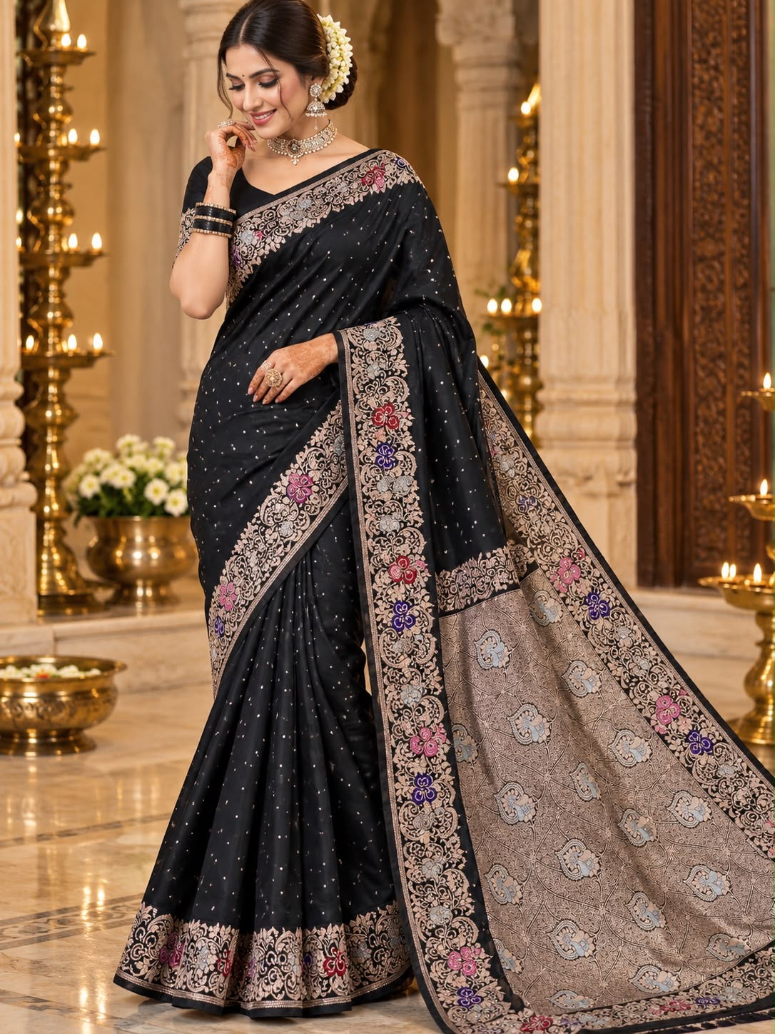 Black meenakari floral border party wear saree by Shree Ghanshyam Sarees