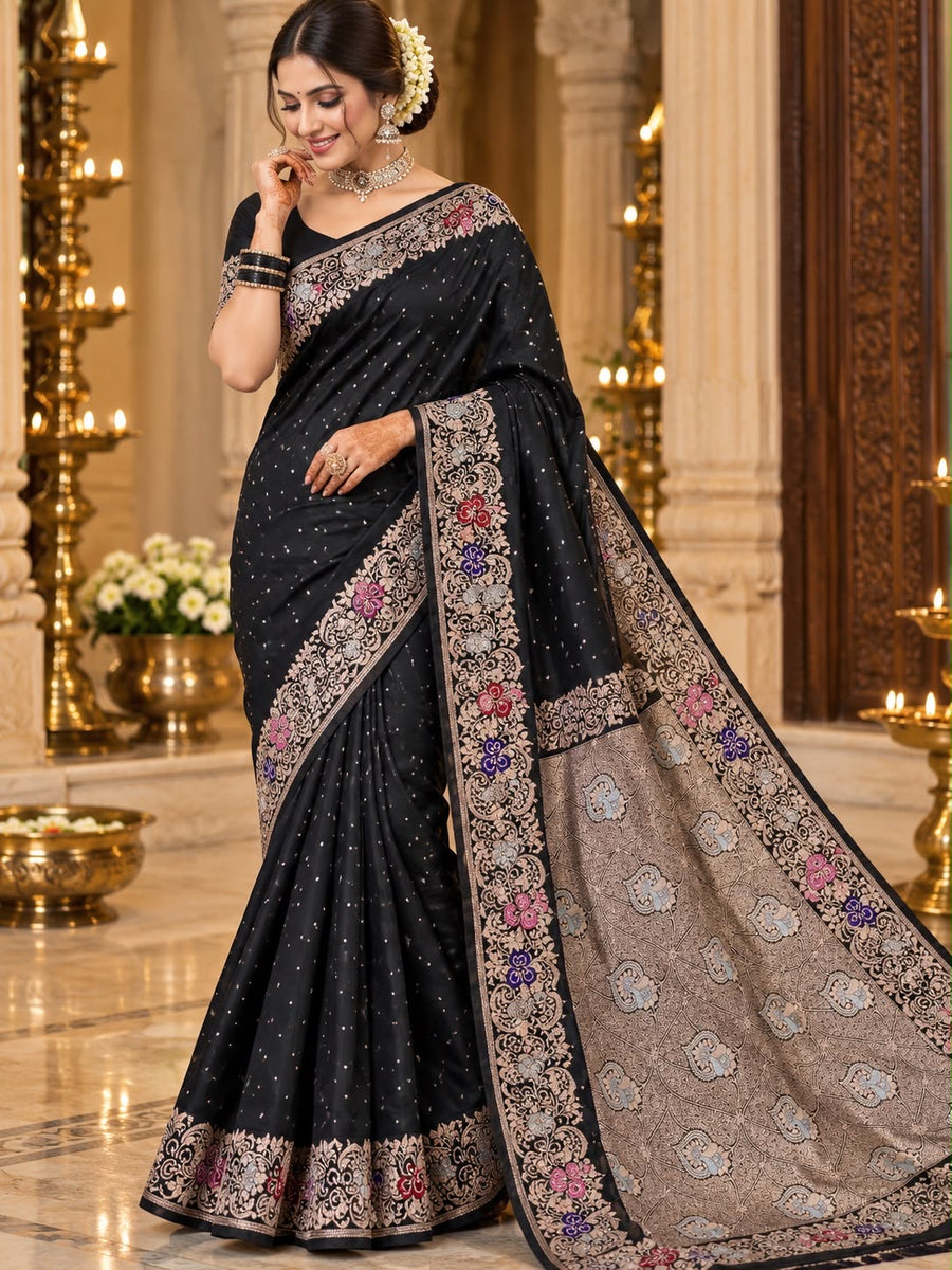 Black meenakari floral border party wear saree by Shree Ghanshyam Sarees