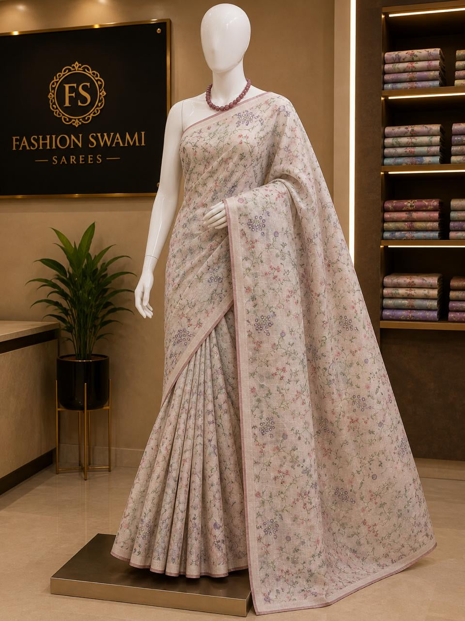 Blush ivory party wear saree with delicate pastel floral vines