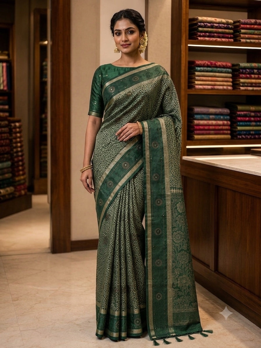 Bottle green gold woven party wear saree by Shree Ghanshyam Sarees Private Limited