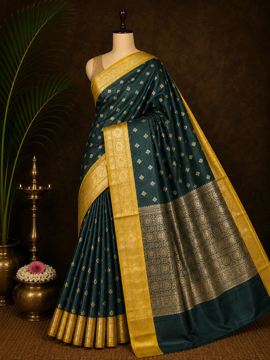 Bottle green Banarasi saree with mustard gold border and zari motifs