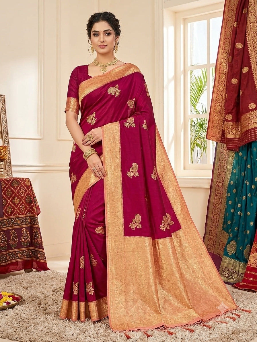 Magenta boutique saree with gold motifs and broad gold border