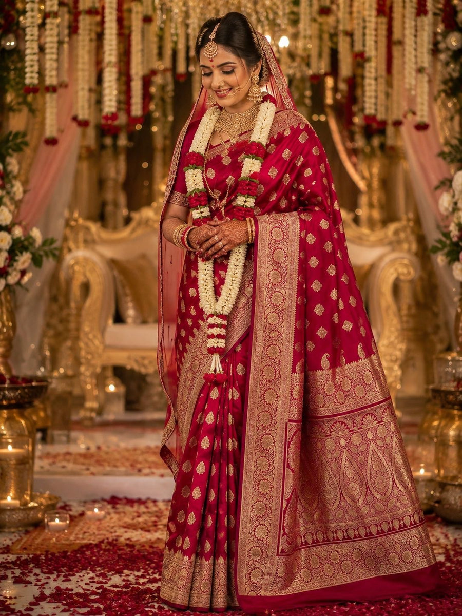 Bridal magenta party wear saree with gold butis and ornate paisley pallu