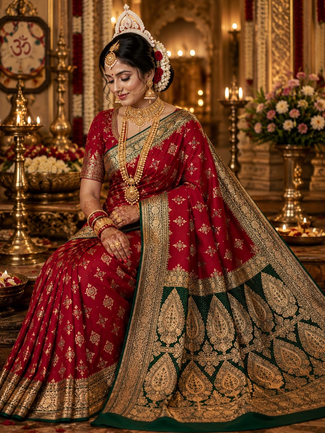 Bridal red party wear saree with gold butis, emerald border and paisley pallu