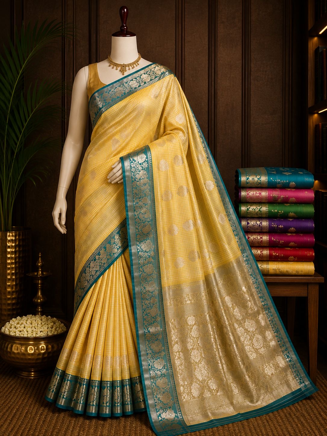 Butter yellow checked party wear saree with teal woven border and gold pallu