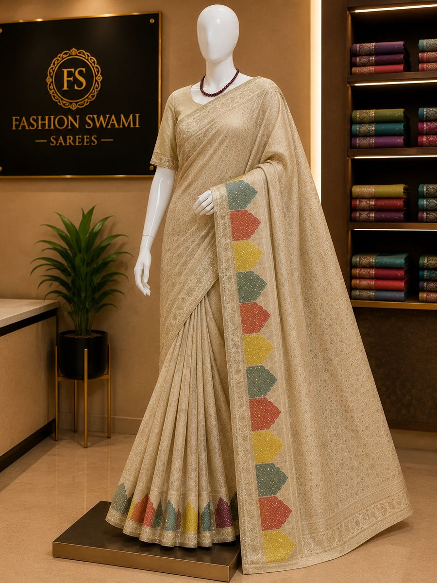 Champagne party wear saree with multicolour scallop border motifs