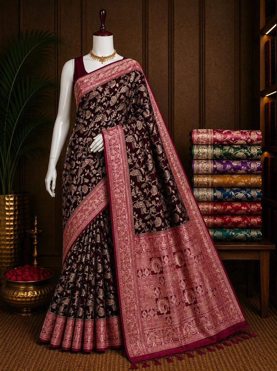 Chocolate brown floral party wear saree with rose pink woven border