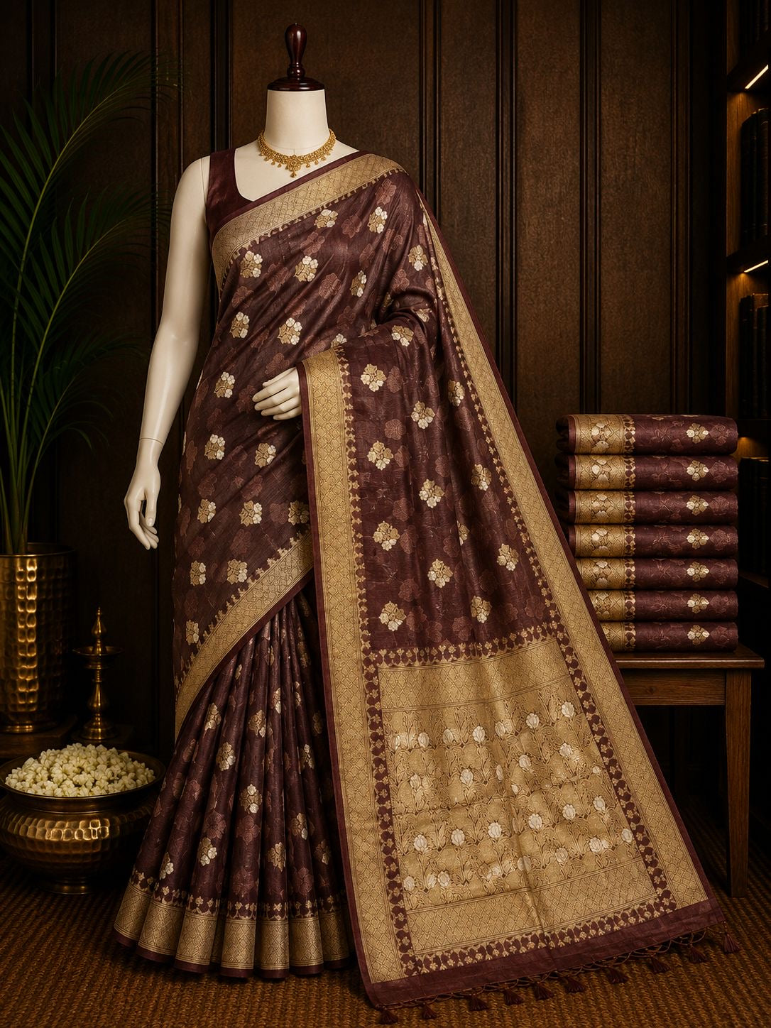 Chocolate brown party wear saree with gold floral motifs and woven pallu