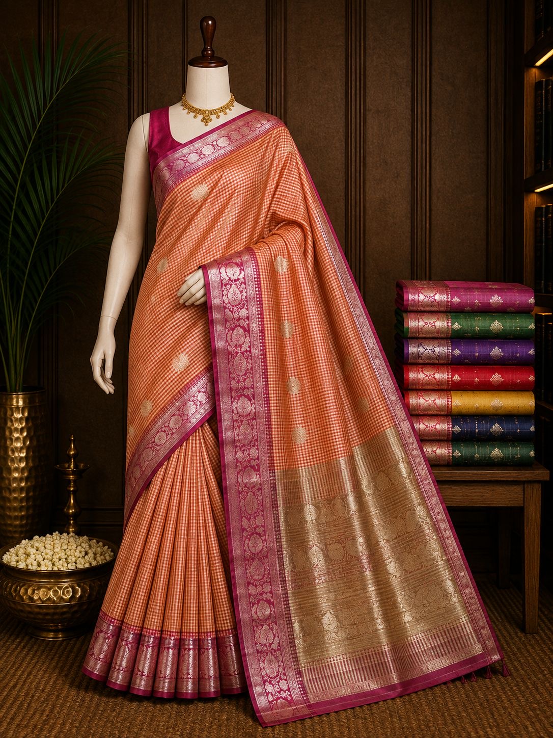 Coral checked party wear saree with magenta woven border and gold pallu