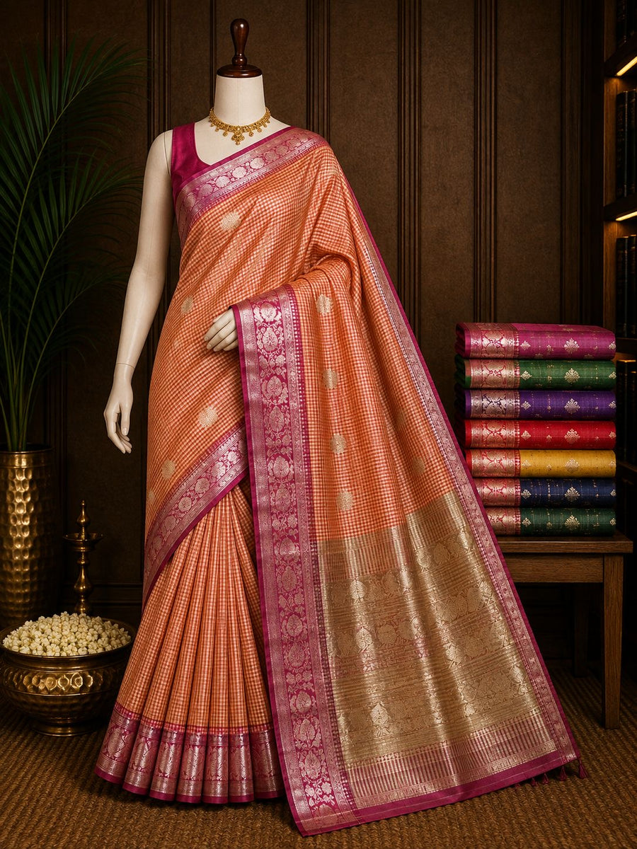Coral checked party wear saree with magenta woven border and gold pallu
