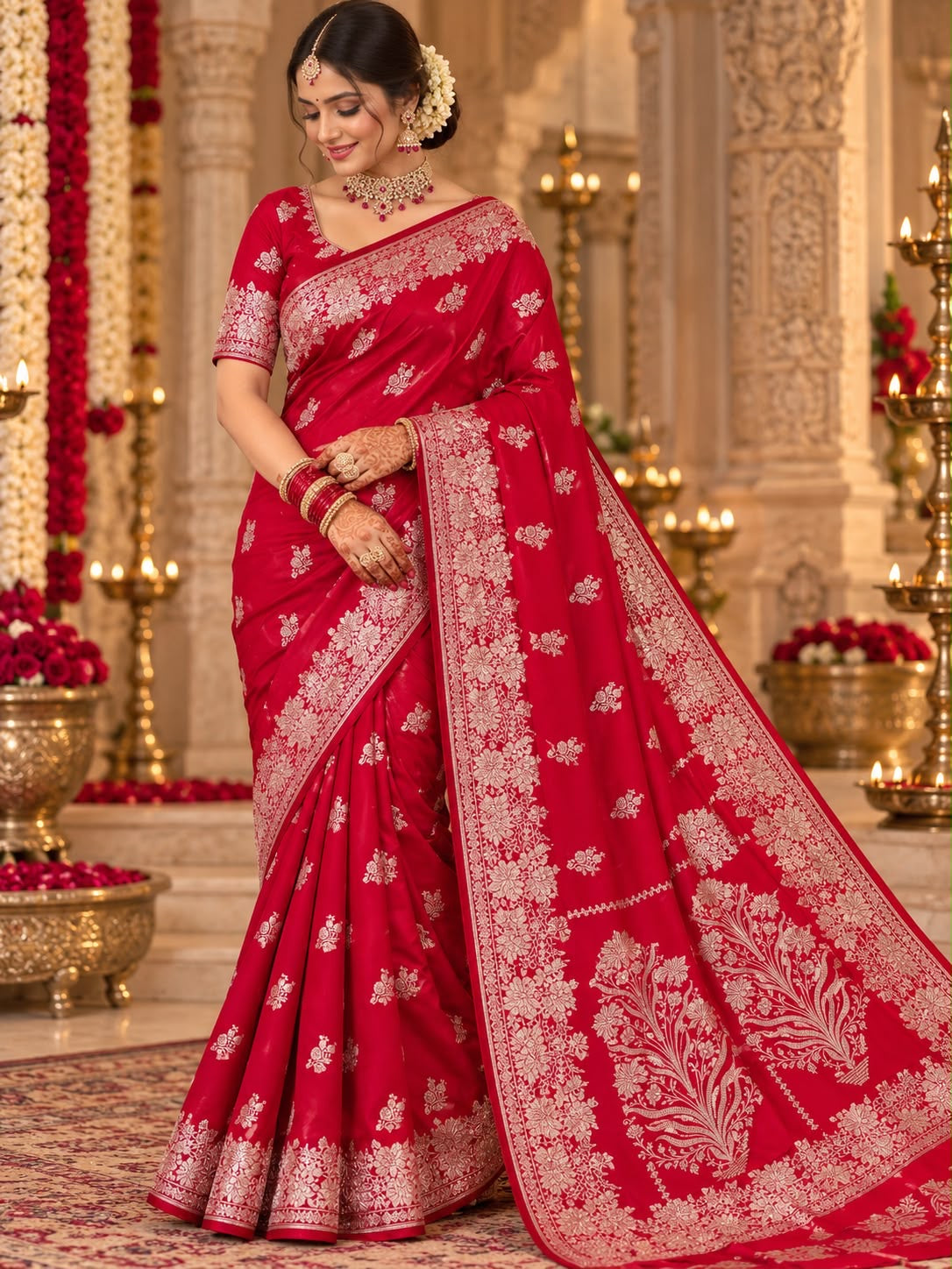 Crimson red floral zari party wear saree by Shree Ghanshyam Sarees