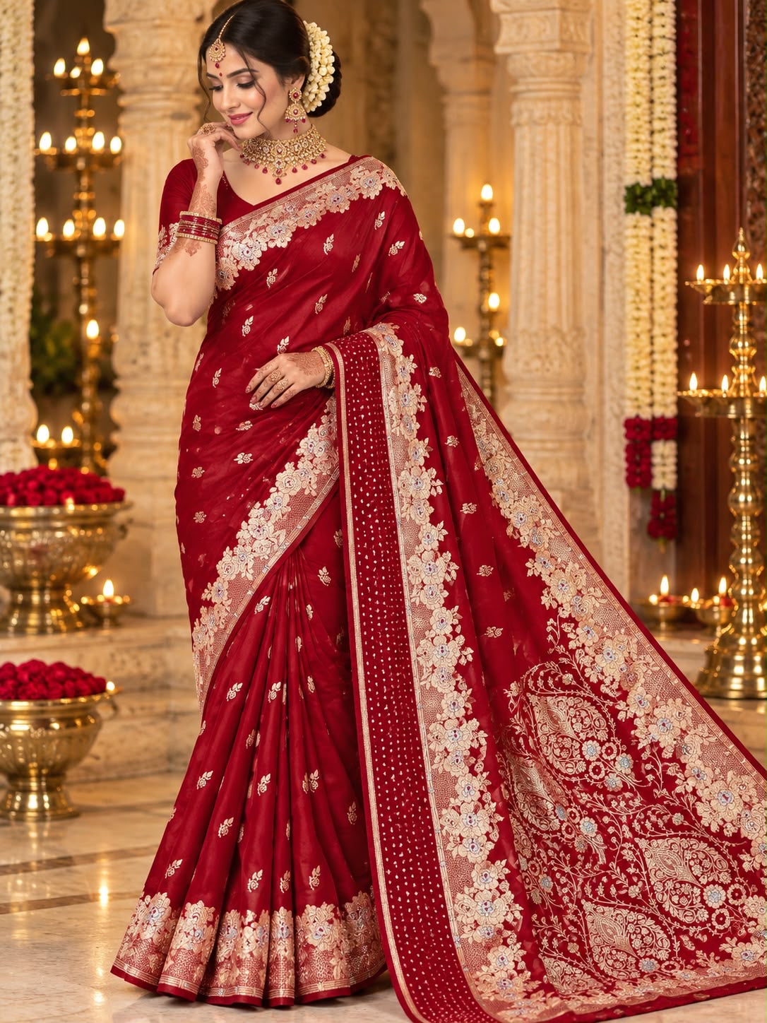 Deep maroon floral zari party wear saree by Shree Ghanshyam Sarees
