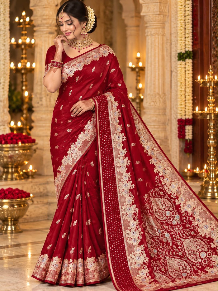 Deep Maroon Floral Zari Banarasi Party Wear Saree