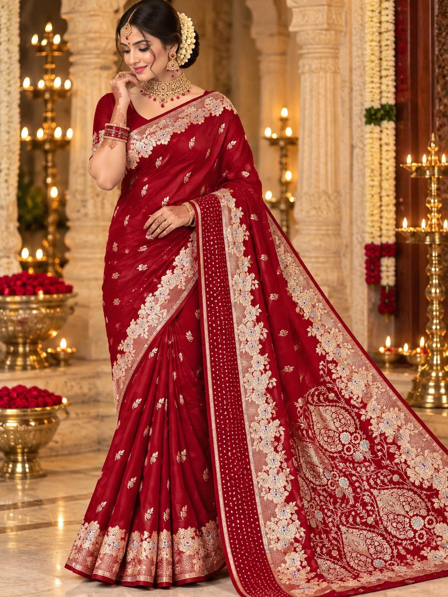 Deep maroon floral zari party wear saree by Shree Ghanshyam Sarees