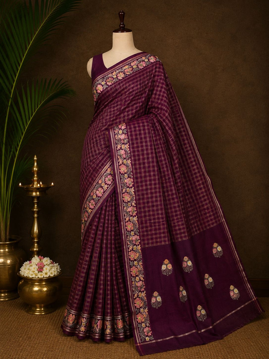 Deep plum checked party wear saree with embroidered floral border
