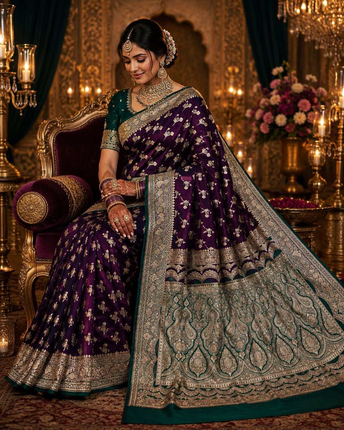Deep purple party wear saree with gold motifs and emerald kalga design pallu