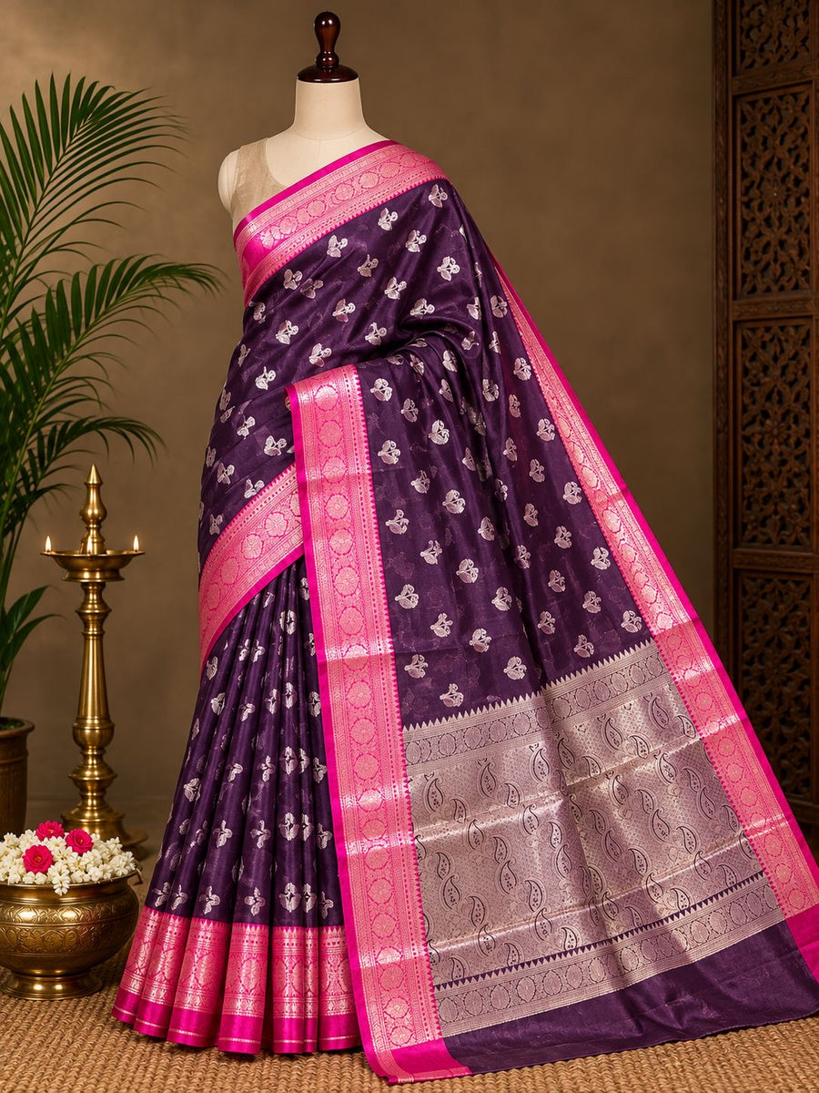 Deep purple Banarasi saree with rani pink border and silver zari buti
