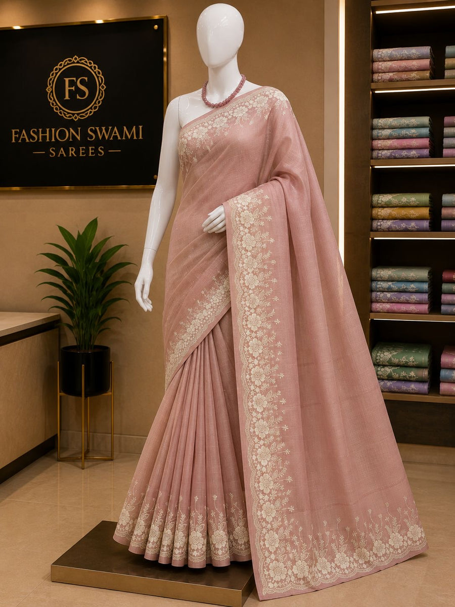 Dusty rose party wear saree with elegant ivory floral border