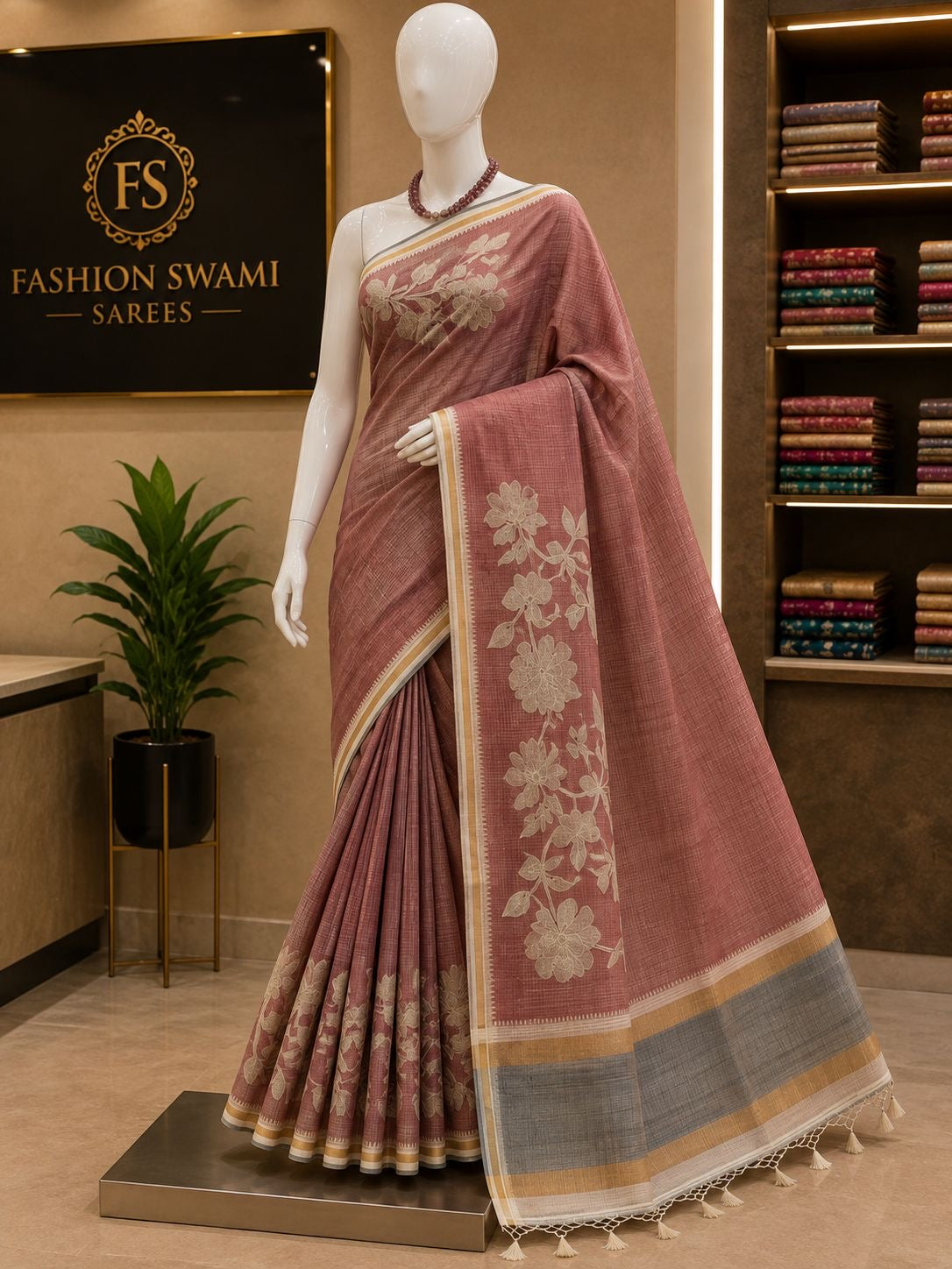 Dusty rose party wear saree with ivory floral panels and tasselled pallu