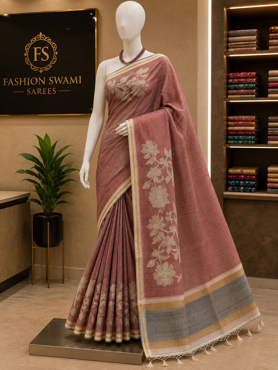 Dusty rose party wear saree with ivory floral panels and tasselled pallu