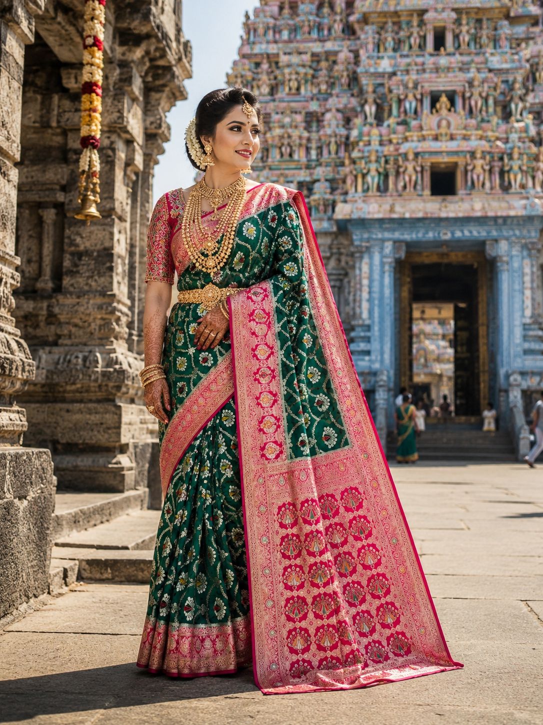 Emerald green party wear saree with pink woven border and pallu