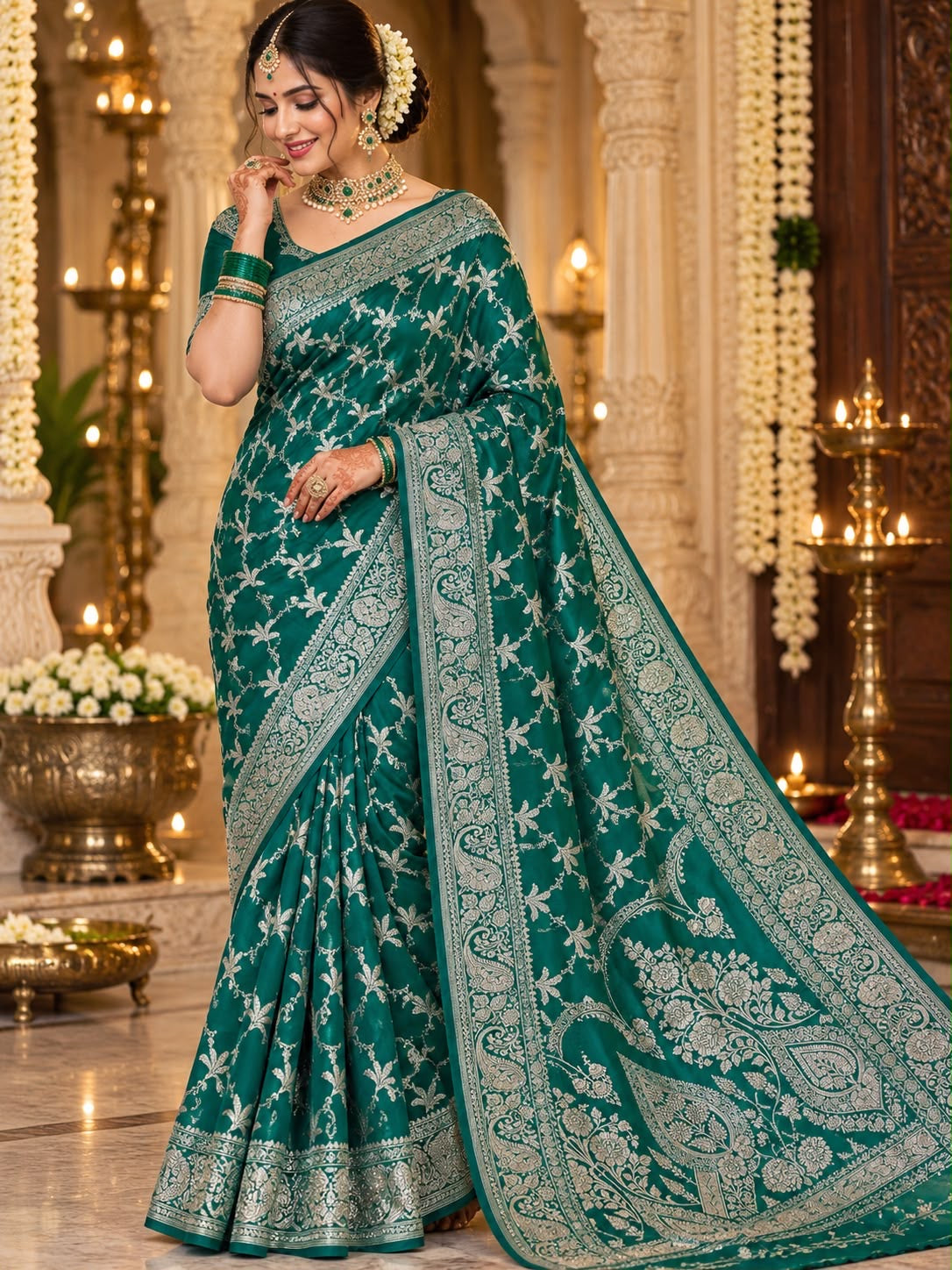 Emerald green zari jaal party wear saree by Shree Ghanshyam Sarees