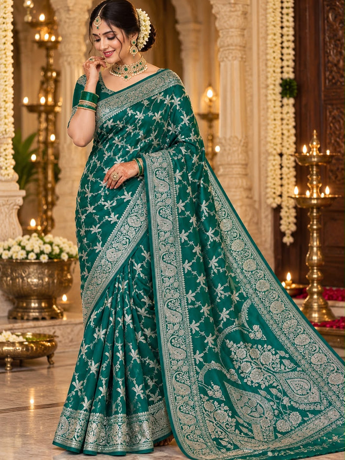 Emerald Green Zari Jaal Banarasi Party Wear Saree