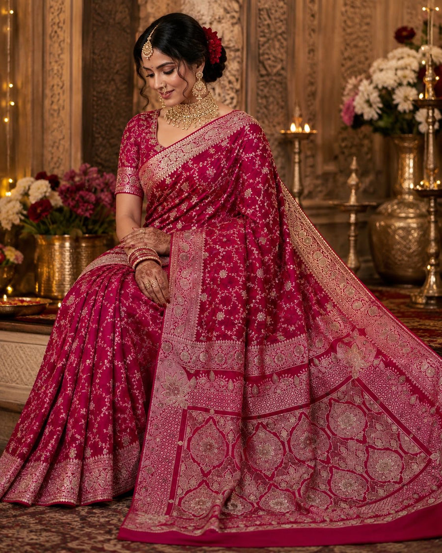 Fuchsia party wear saree with delicate gold floral vines and lotus pallu