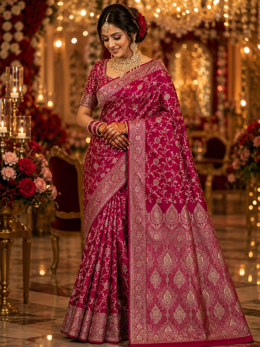 Fuchsia party wear saree with silver floral vines and ornate teardrop pallu