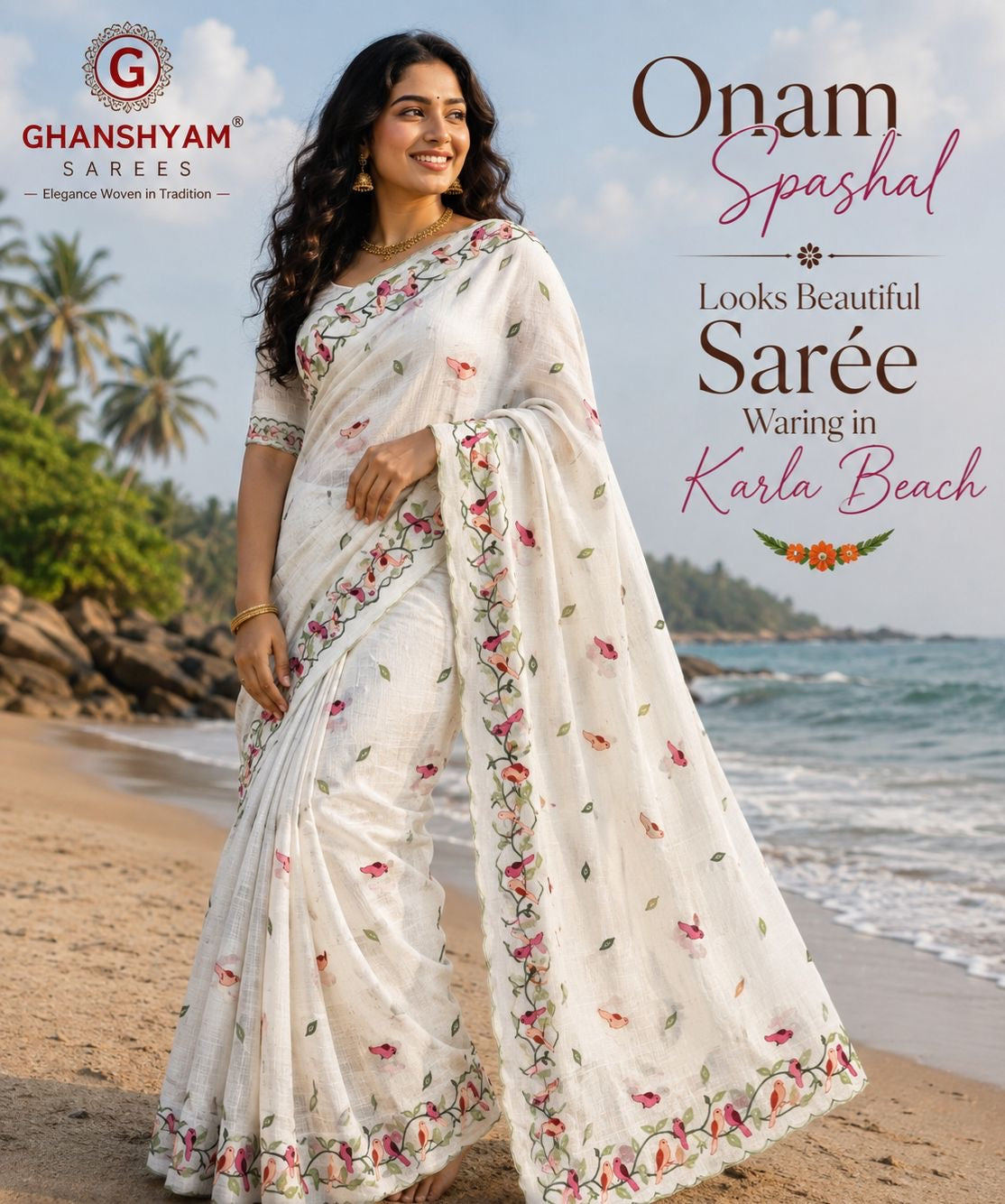 Ivory party wear saree with colourful bird and vine embroidery