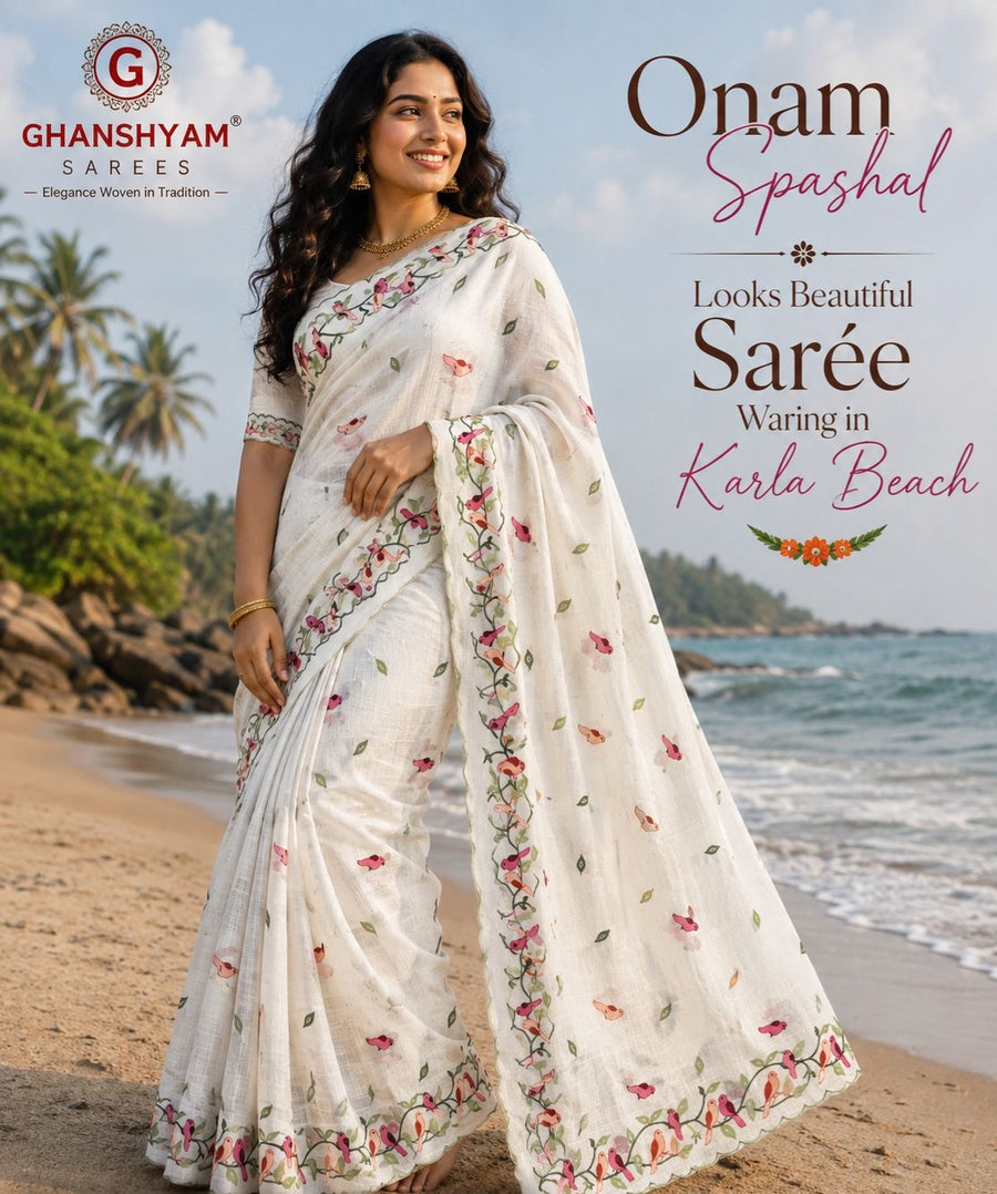 Ivory party wear saree with colourful bird and vine embroidery