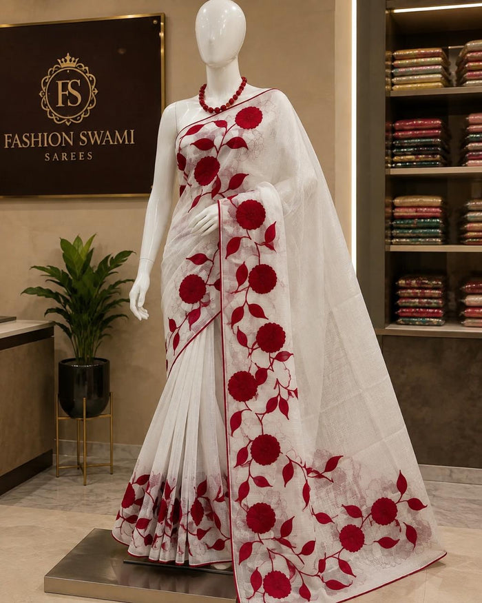 Party Wear Saree Set – Ivory Crimson Floral
