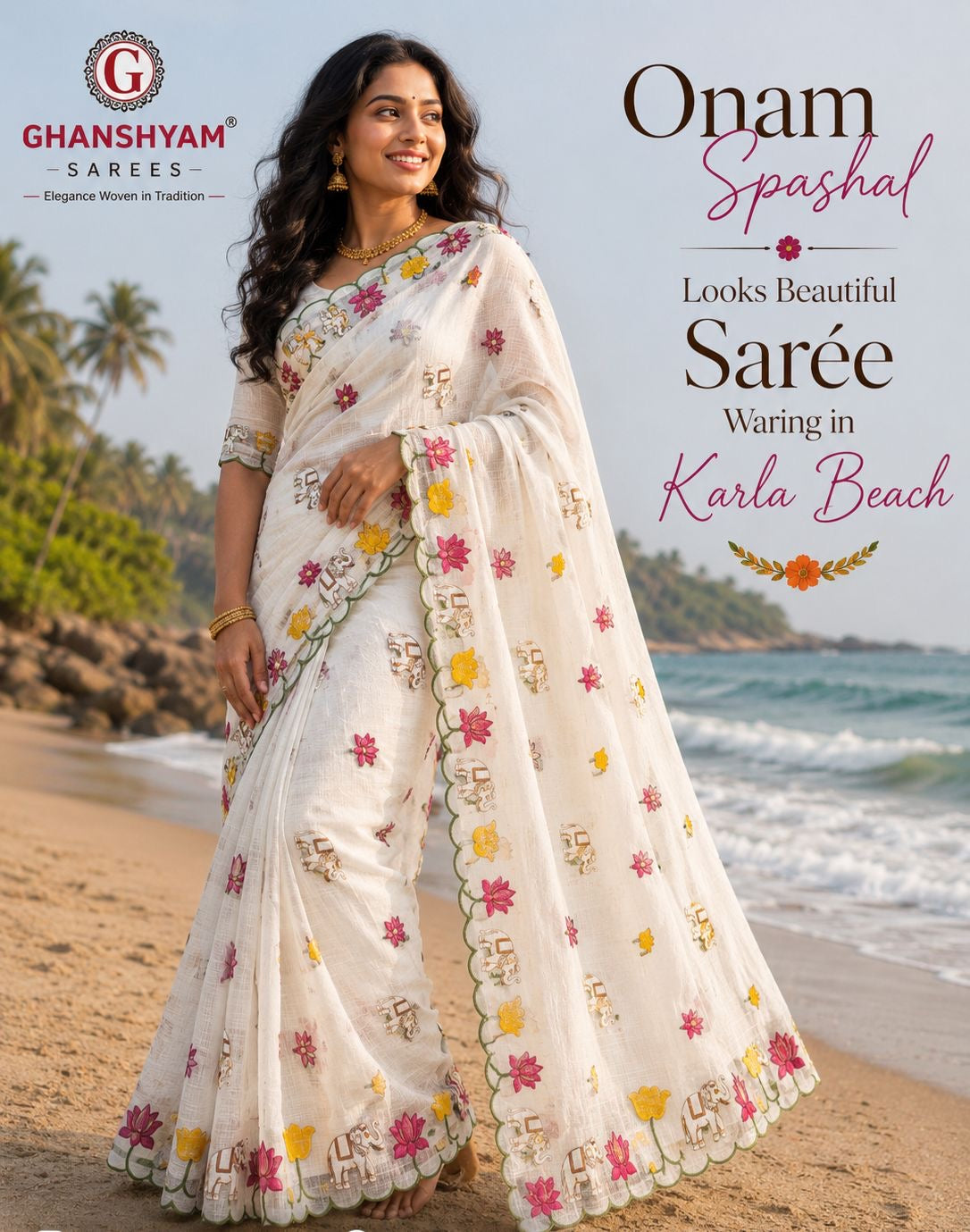 Ivory party wear saree with lotus and elephant embroidery
