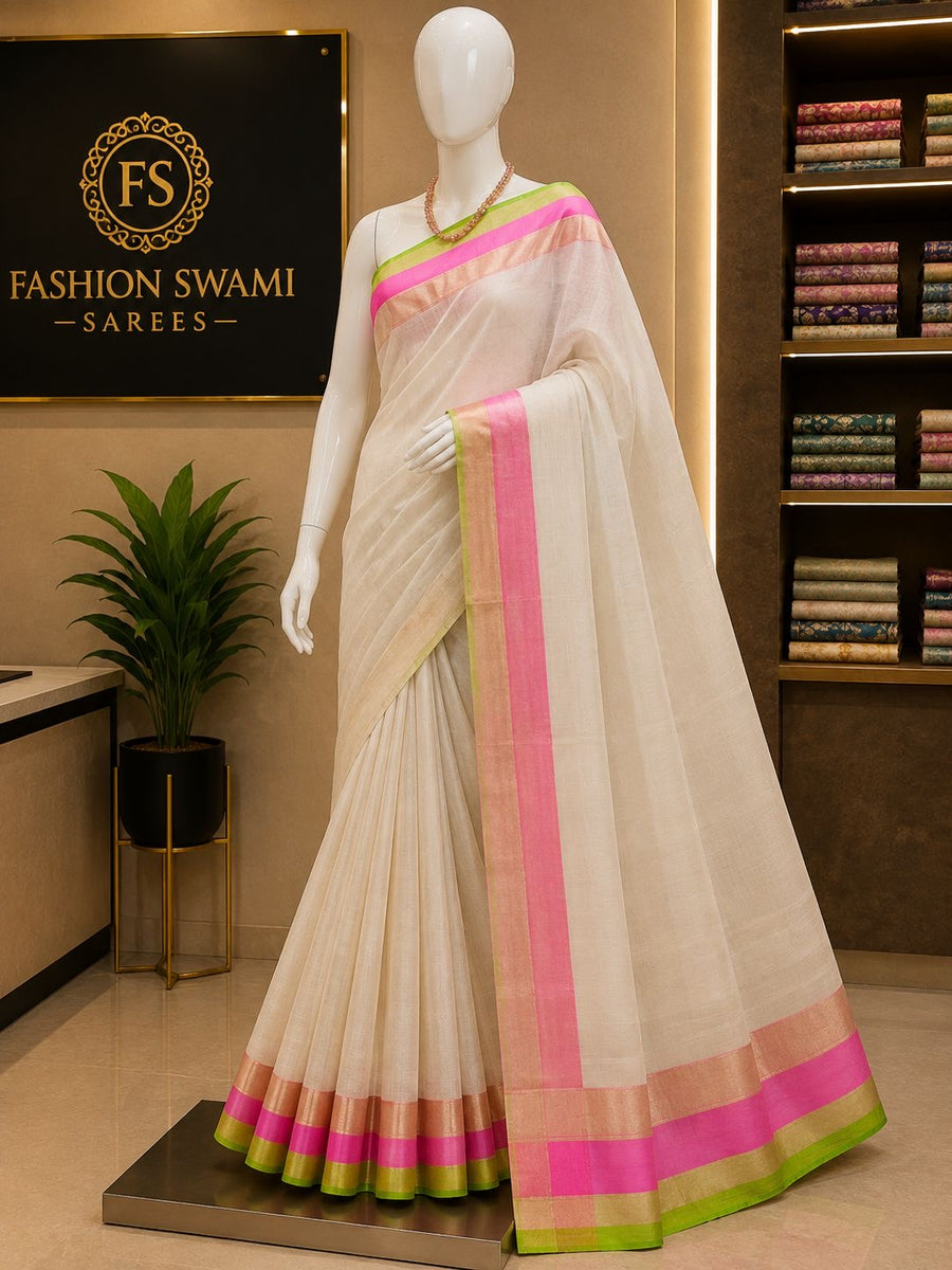 Ivory party wear saree with hot pink, gold and lime green contrast border