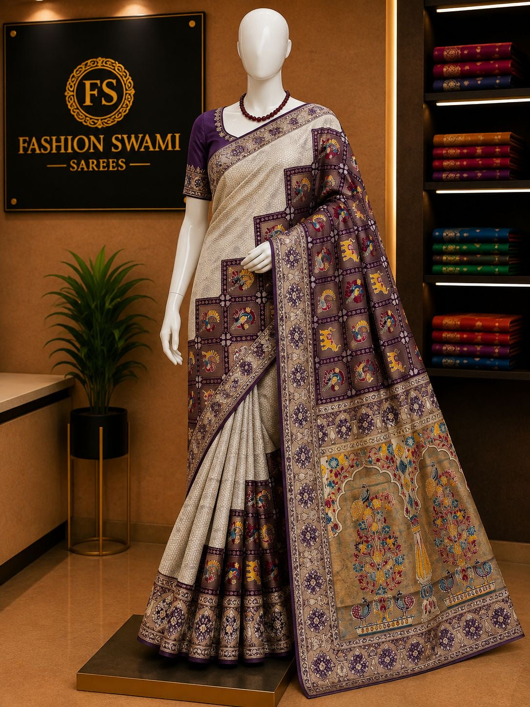 Ivory party wear saree with plum motif panels and colourful peacock statement pallu