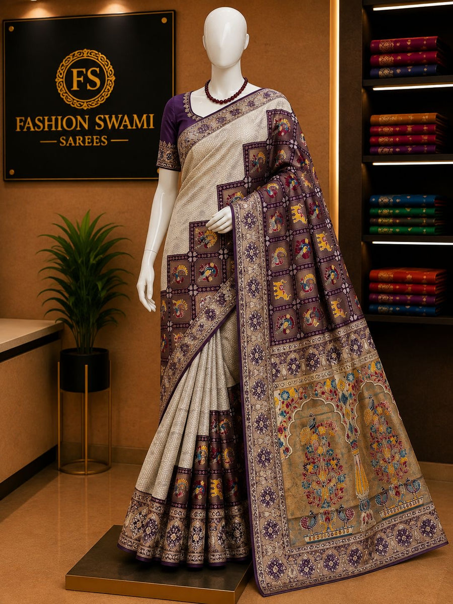 Ivory party wear saree with plum motif panels and colourful peacock statement pallu