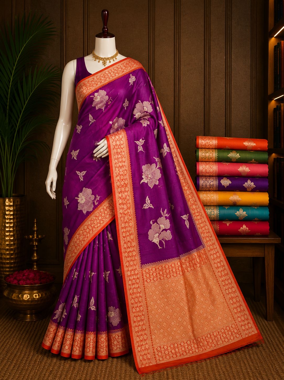 Magenta party wear saree with orange gold border and floral motifs